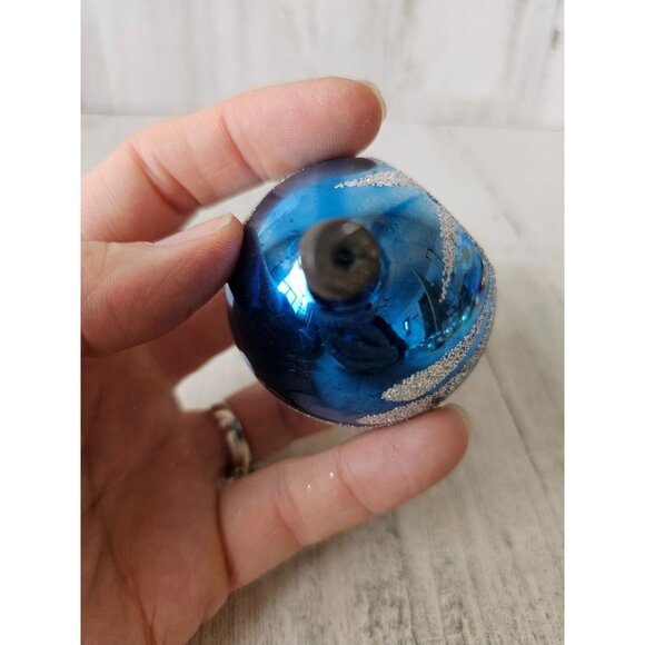 Vintage blue glitter indent ball mercury glass ornament Xmas silver glitter tree - Picture 5 of 8
